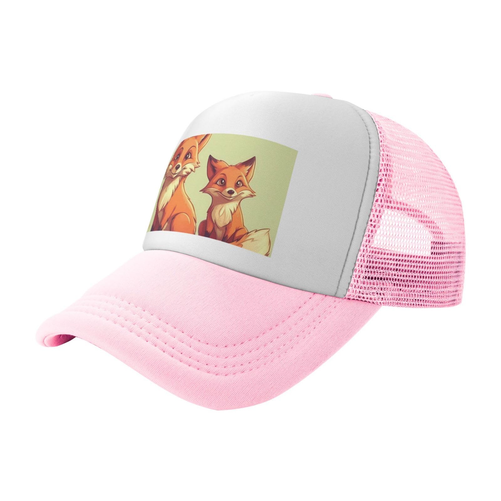 Unisex Adjustable Cowboy Trucker Hat 100% Cotton with Two Cartoon Foxes Design for Fishing & Outdoor Activities