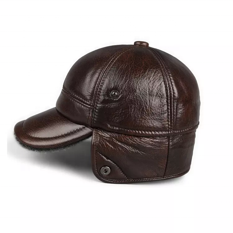 High Quality PU Leather Baseball Cap Winter Warm with Curved Brim and Faux Fur Lining
