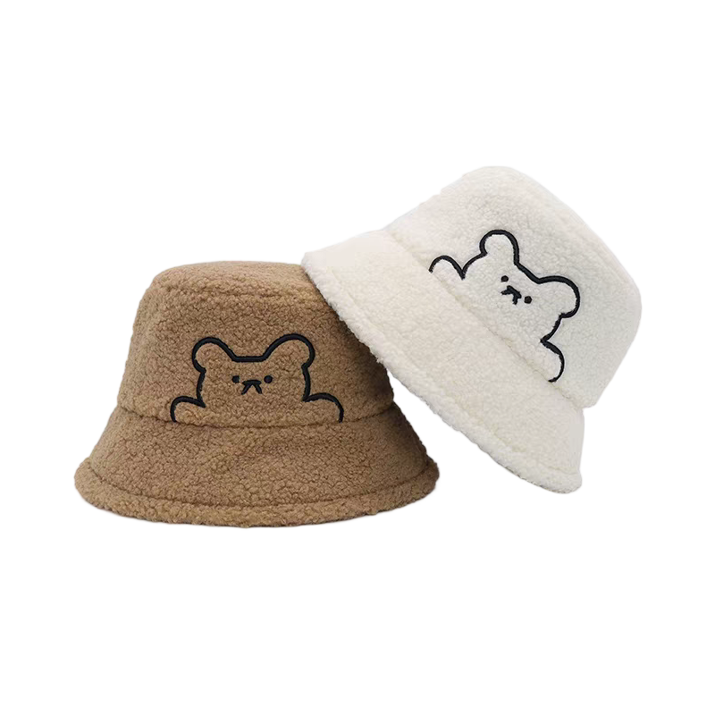Autumn Winter Terry Fleece Teddy Bear Embroidery Bucket Hat Cute Casual Unisex Warm Outdoor Travel Hat