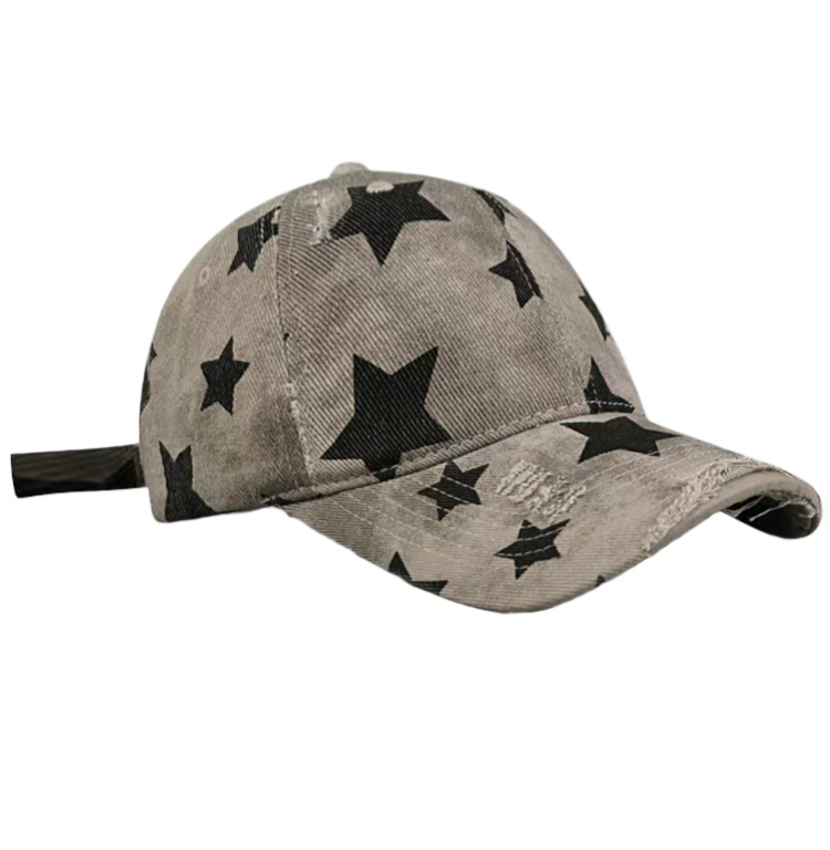 Distressed Washed Twill Dobby Star Print Denim Baseball Cap Unisex Vintage Dad Hat Common for Spring Autumn Streetwear