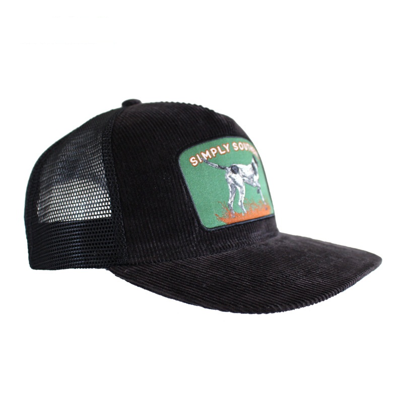 Manufacturer Animal Pattern Patch Flat Brim Snapback Corduroy Trucker Mesh Hat With Custom logo