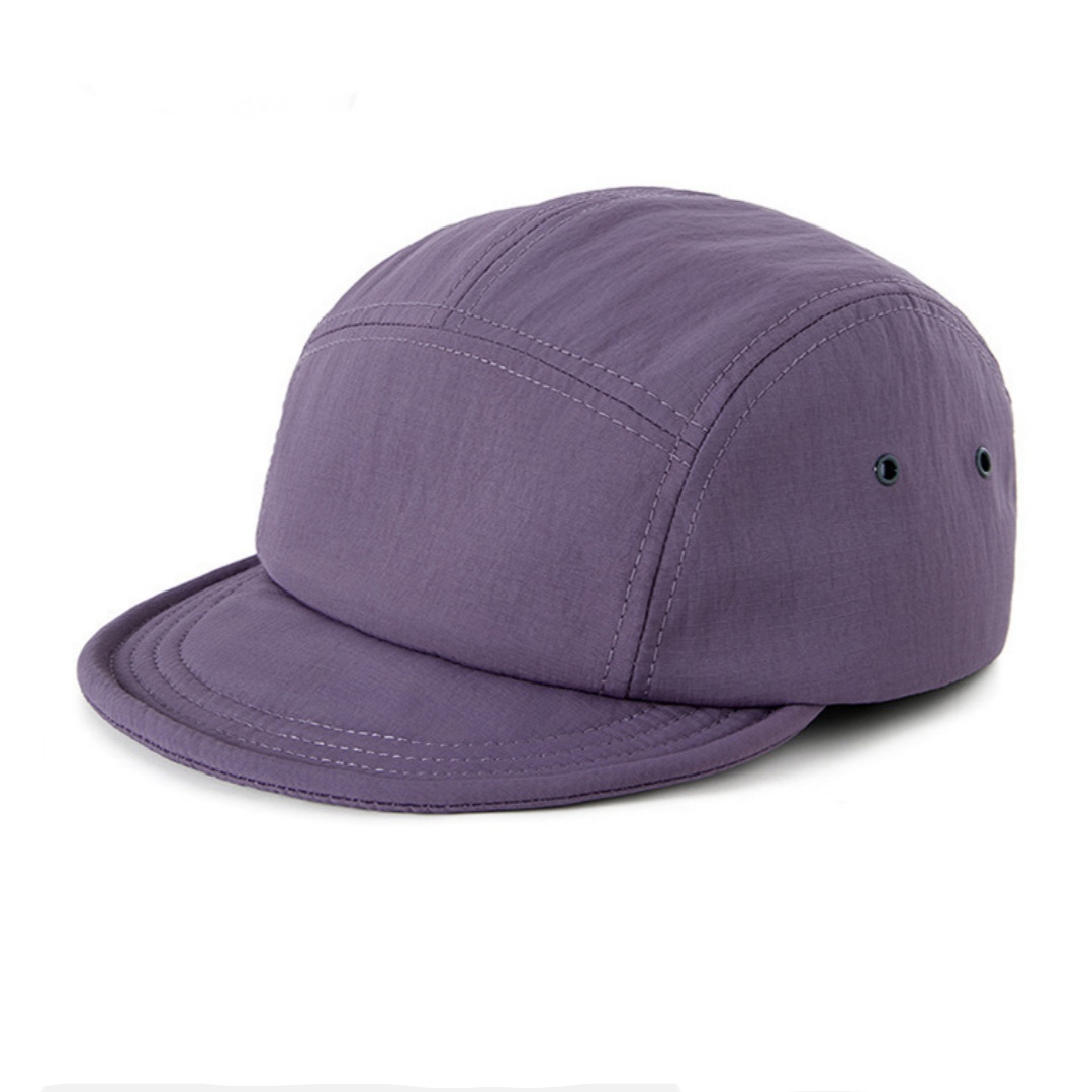 Woven Nylon Back Strap Packable Bill Soft Mesh Side Panels Custom Unstructured 5 Panel Polyester Camp Running Hat Caps