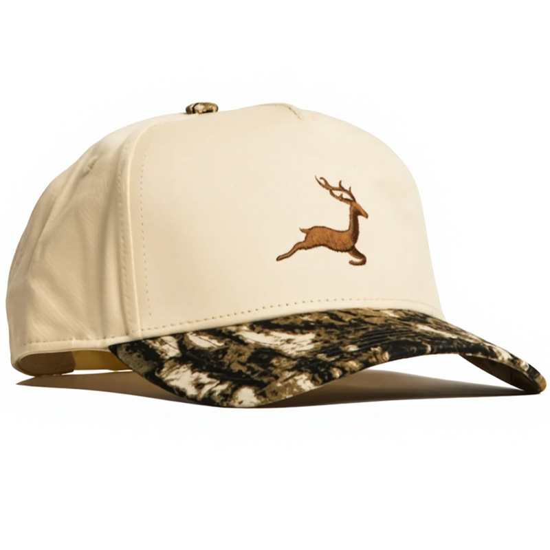 High Quality 5-Panel Cotton Fabric Forest Leaf Camo Camouflage Brim 2 Tone Design Baseball Hat for Men Women for Hunting