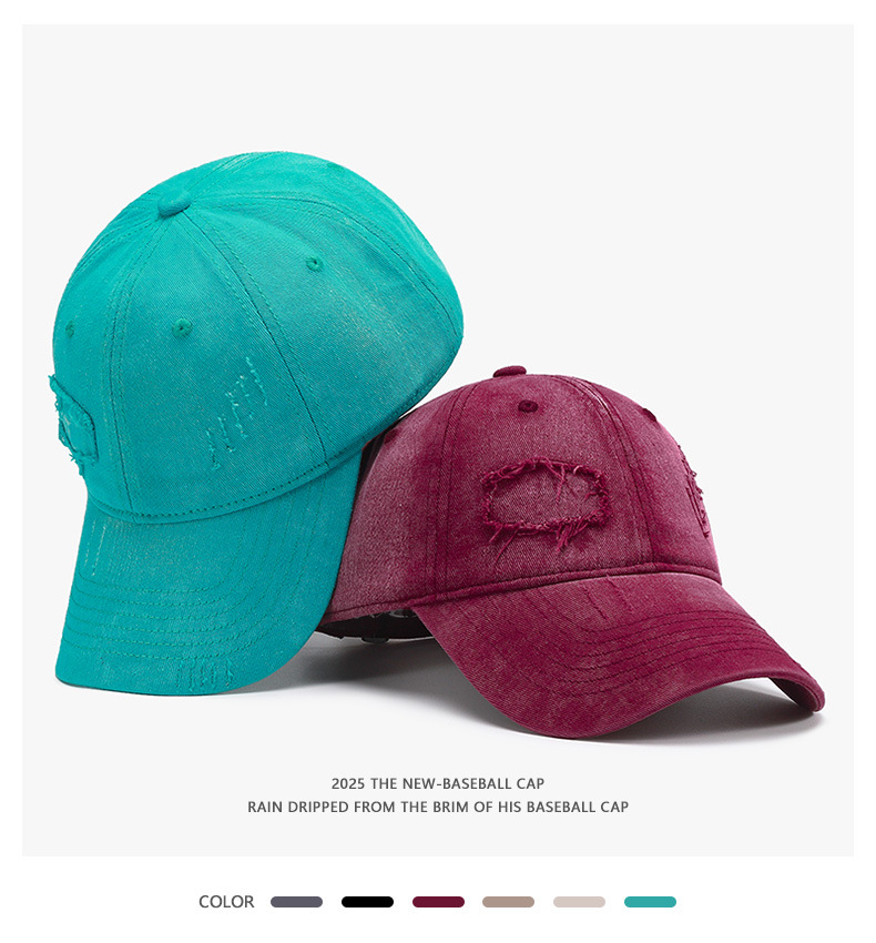 Retro Washed Denim Baseball Cap with Frayed Edges Soft Top Big Round Brim and Drawstring Chin Strap