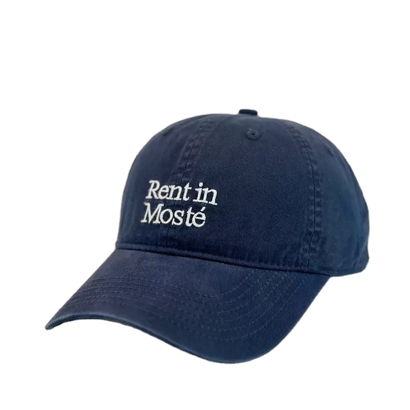 Vintage Washed 6-Panel Baseball Cap Navy Blue with Custom Text Embroidery Logo Adjustable Silver Copper Buckle Unisex Design