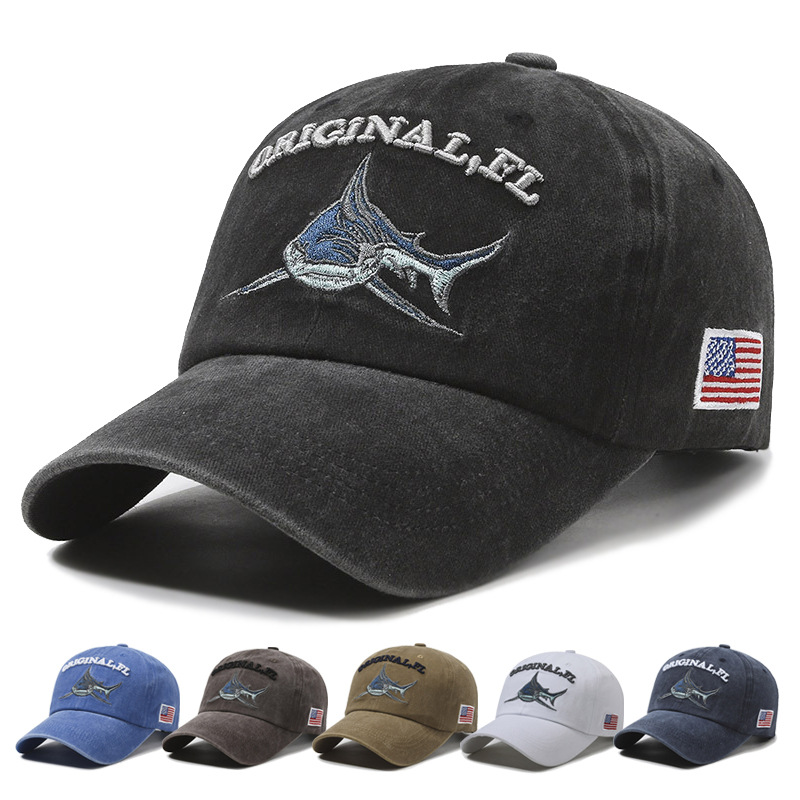 American-style Hip-hop Shark Baseball Cap Classic Distressed Vintage Water Washed Denim Casual Sun protection Hat