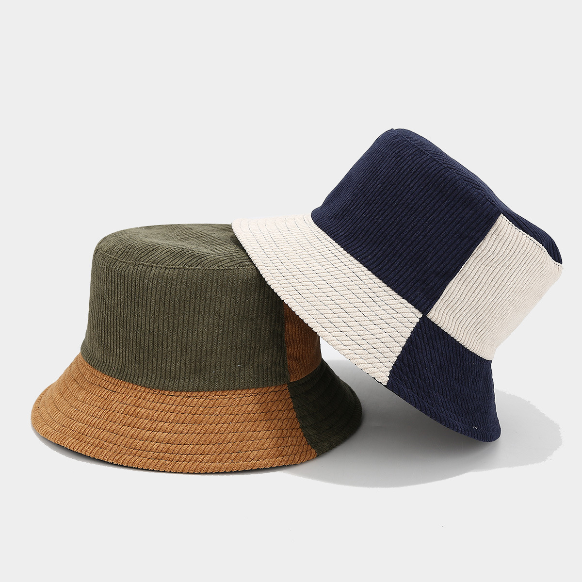 New Vintage Corduroy Two-tone Patchwork Fisherman Hat Stylish Workwear Bucket Hat