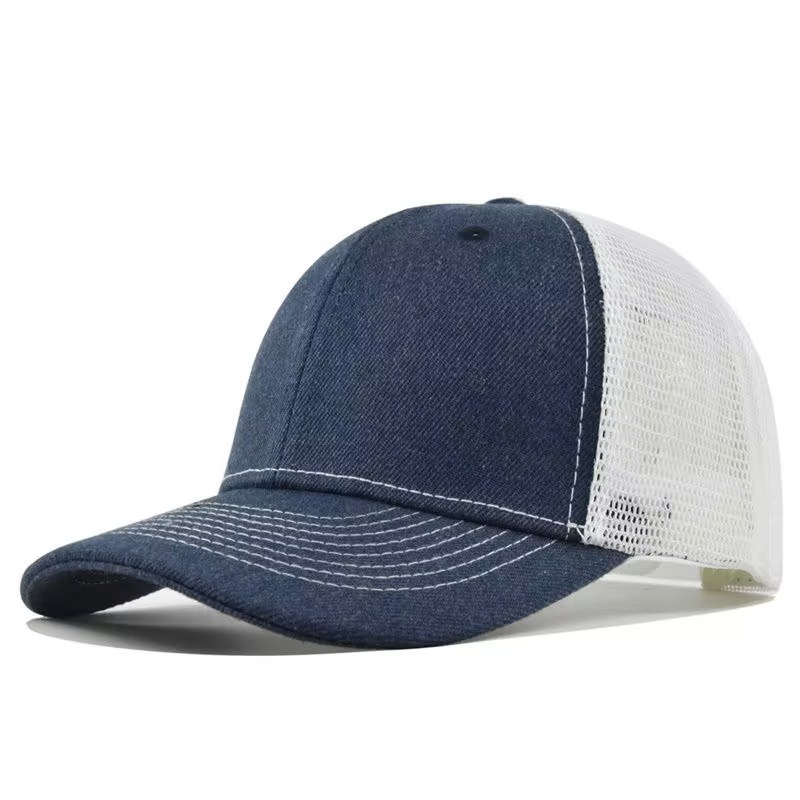 Wholesale Custom Logo Print Trucker Hat Navy Blue Front Mesh Back Adjustable Baseball Cap Unisex Streetwear