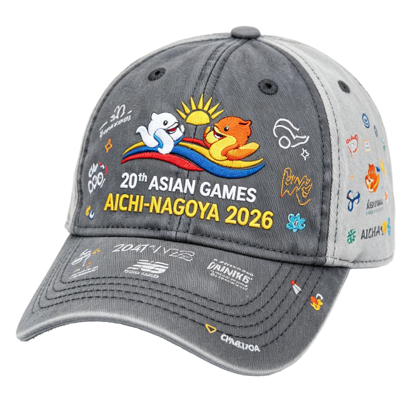 20th Asian Games Aichi-Nagoya 2026 Embroidered Gray Adjustable Cotton Denim Baseball Cap