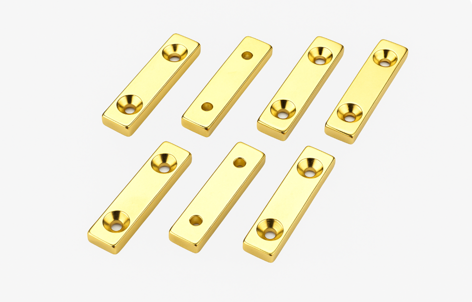 High retention magnetization Gold-coated rectangular-shaped magnet with two holes