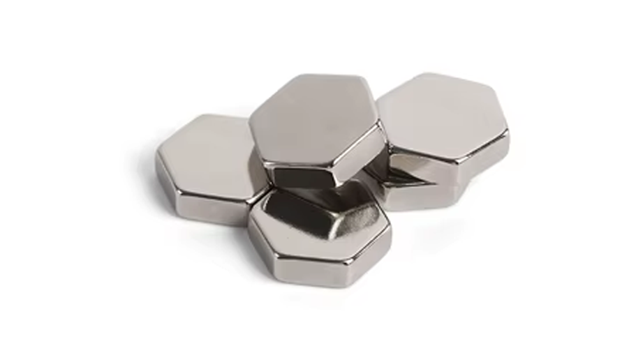 Precision-engineered magnetic force-enhanced compact, powerful heat-tolerant rare-earth nickel-coated hexagon-shaped neodymium magnet