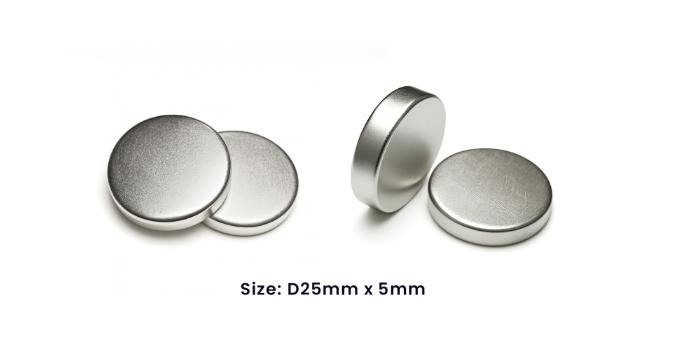 Powerful D25mm x 5mm custom commercials use magnetic force-enhanced, durable, heat-resistant, rare-earth nickel-coated disc neodymium magnet.