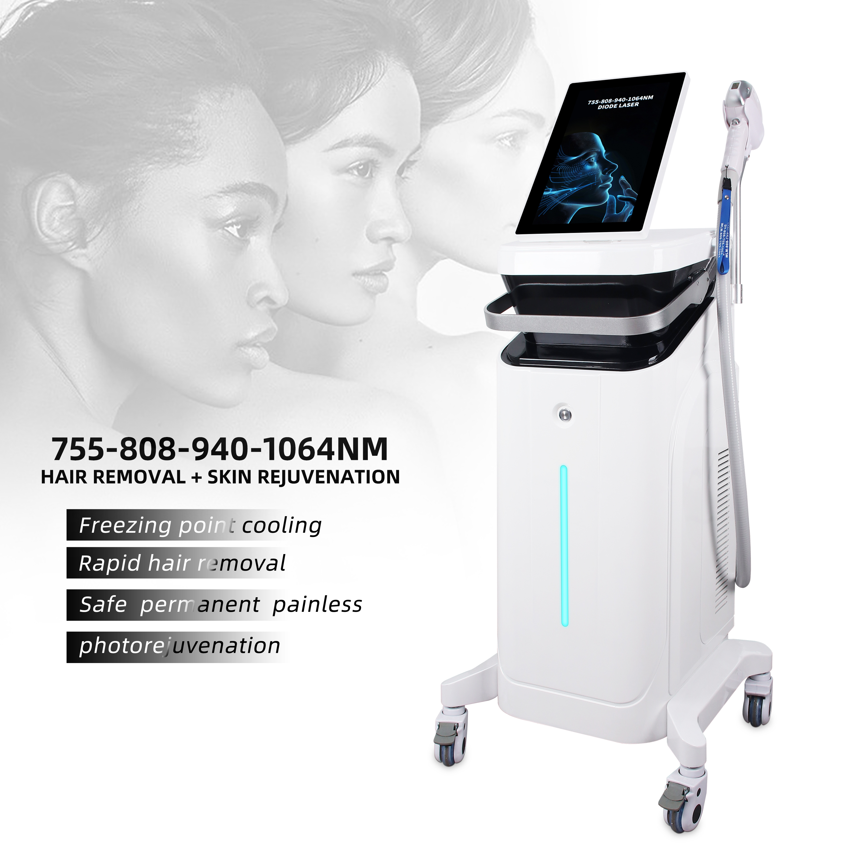 Professional 4 Spot Size Diode Laser Hair Removal Machine 755/808/940/1064nm Beauty Equipment