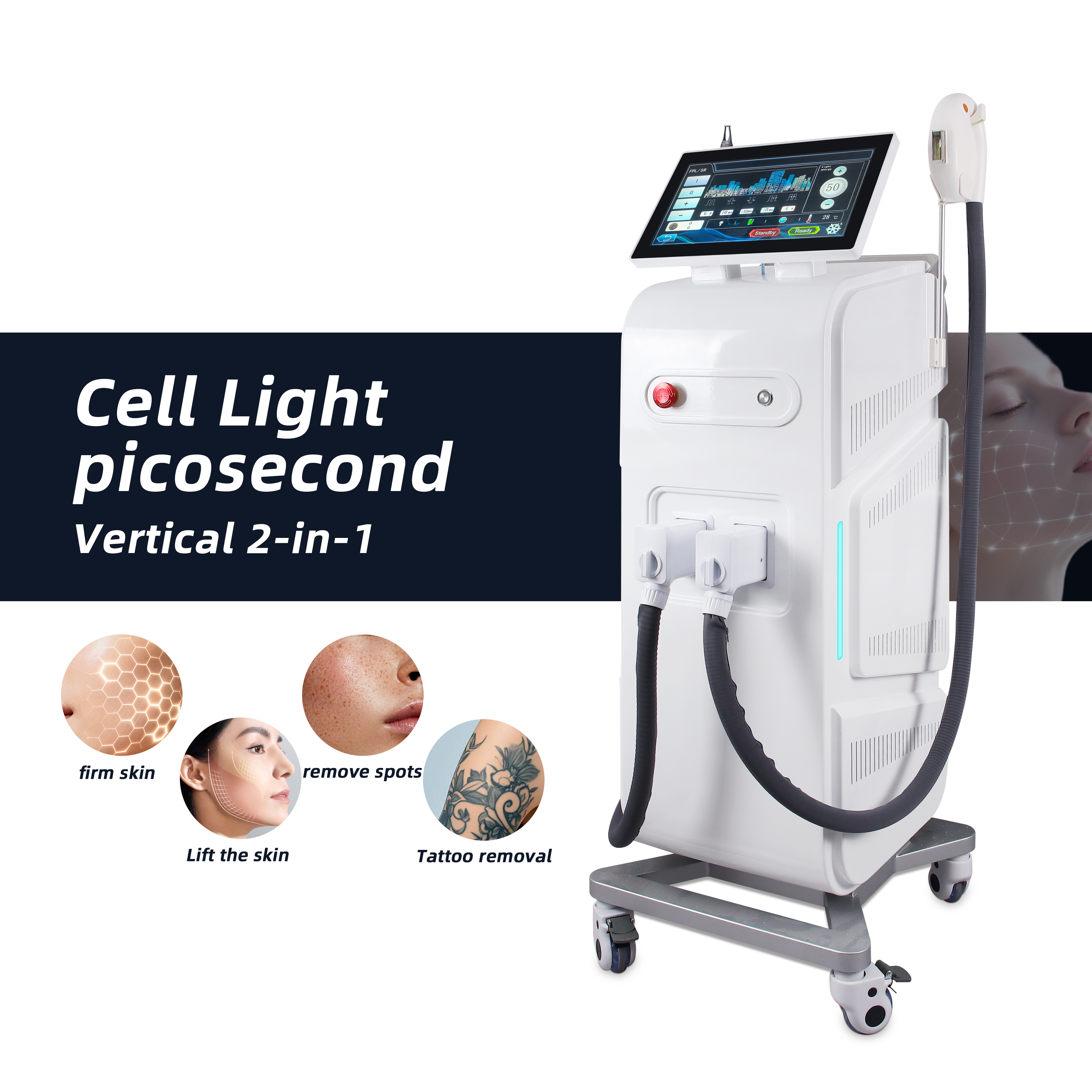 Picosecond Laser Machine Vertical 2-in-1 Tattoo Removal Skin Rejuvenation Equipment