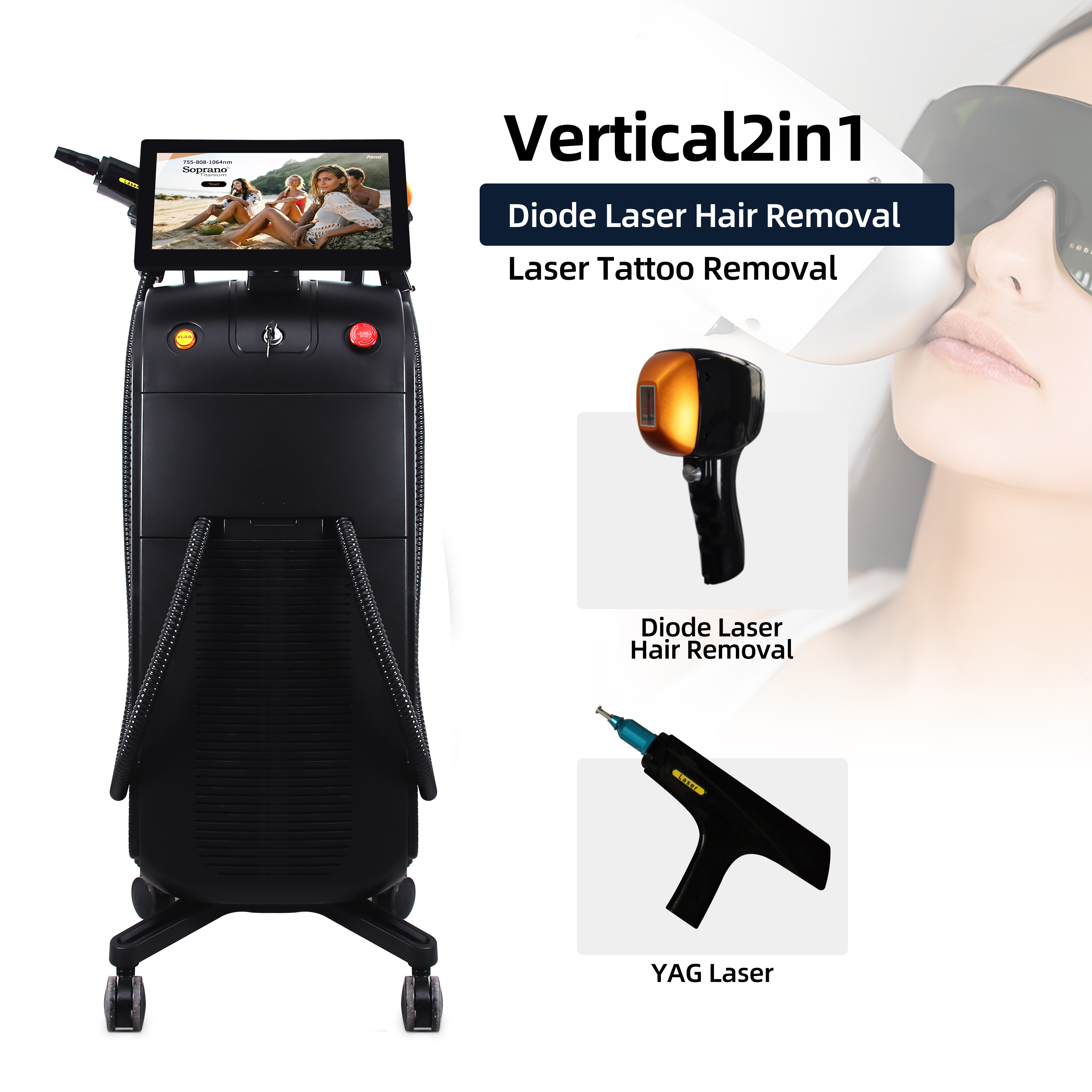 Vertical 2-in-1 Diode Laser Hair Removal and YAG Tattoo Removal Machine
