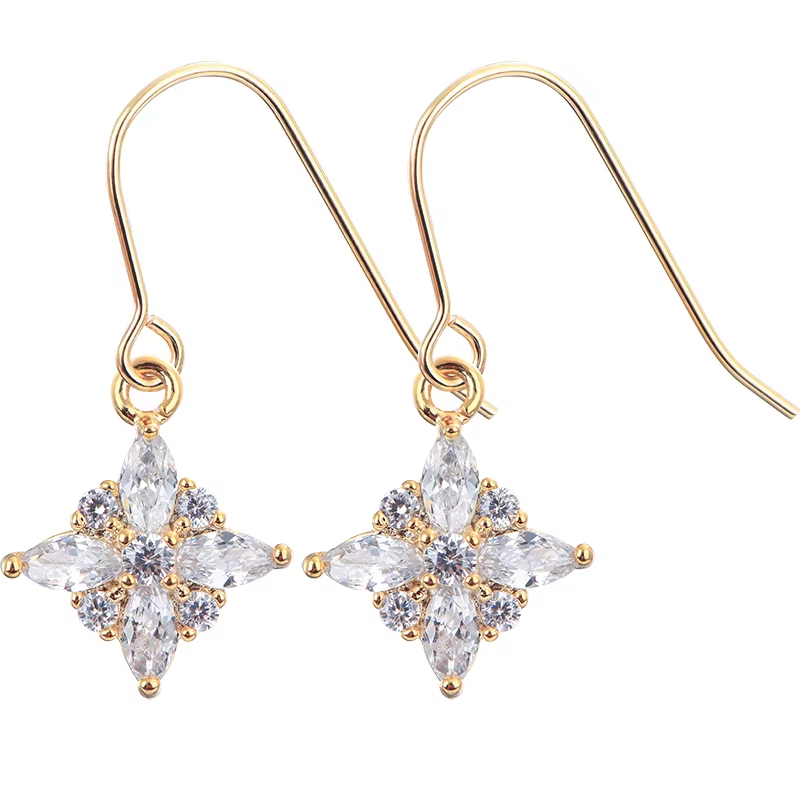 Strong PushVery Flash Very Delicate US 14K Gold Encrusted Zircon Drop Earrings Elegant Trendy OL Women's Gold Plated