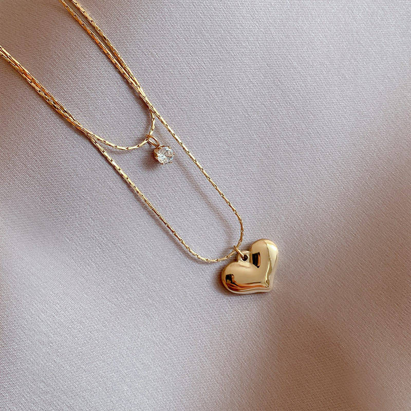 14K Gold Plated Double Layer Chain Necklaces Stainless Steel  Zircon Heart Pendant Necklaces Women Wholesale