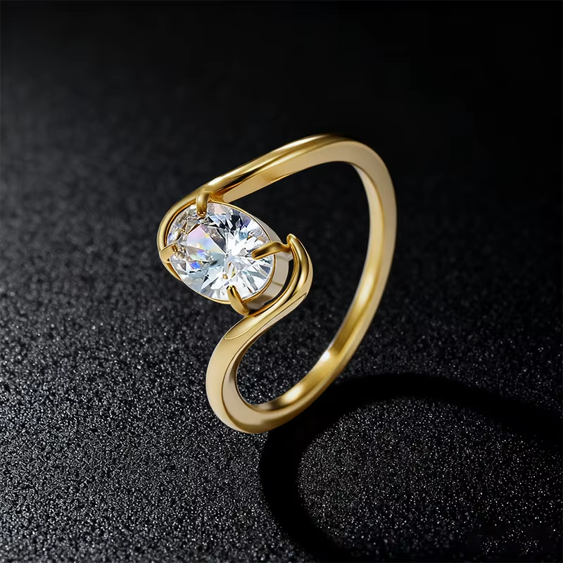 14K Gold Plated Titanium Oval Zircon Ring – Elegant Stainless Steel Wedding Engagement Band for Women