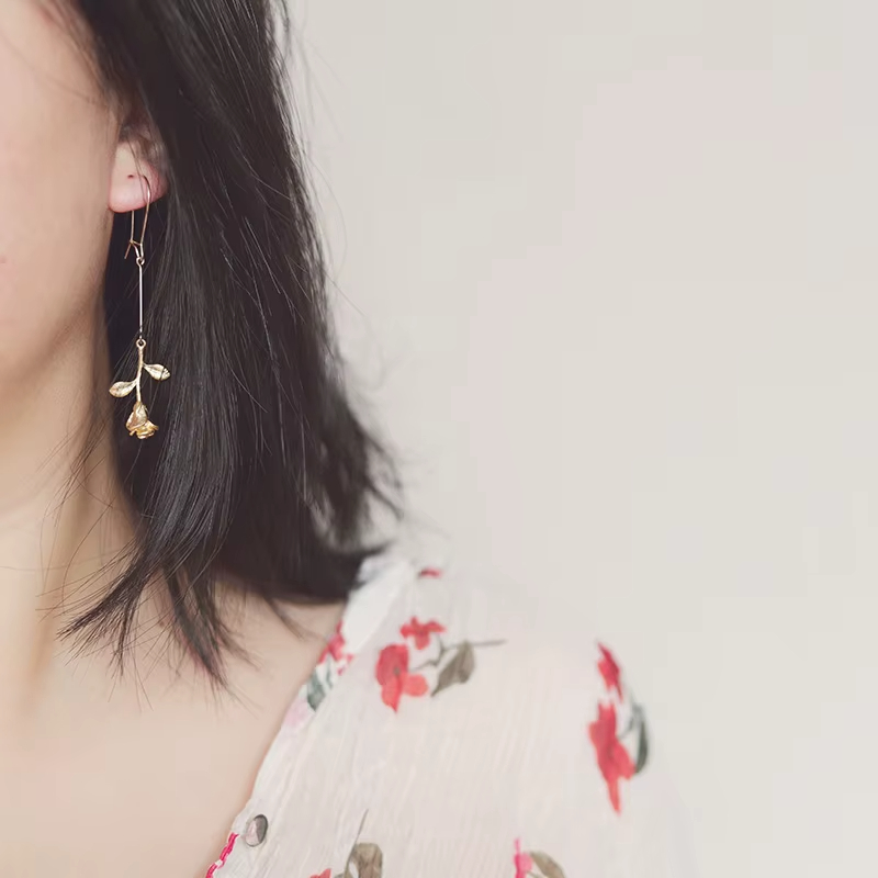 14k Gold Plated Rose Flower Stud Earrings Bohemian Freshwater Pearl Artistic Elegant Personality Gift Women