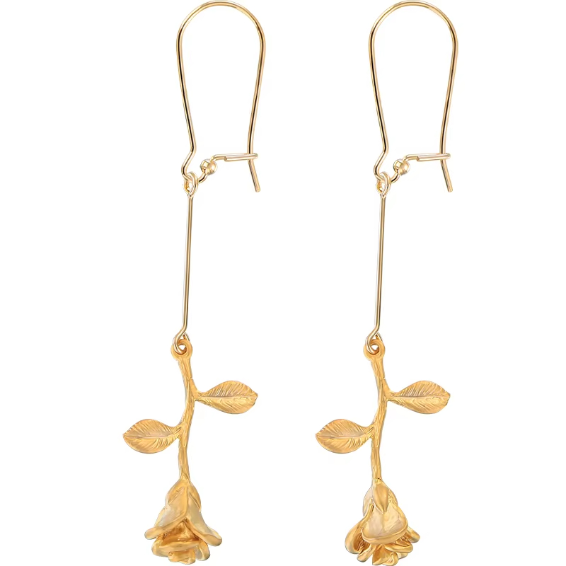 14k Gold Plated Rose Flower Stud Earrings Bohemian Freshwater Pearl Artistic Elegant Personality Gift Women
