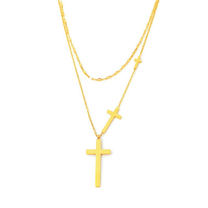 14K Gold Cross Pendant Mens, Double Layer Minimalist 14K Solid Gold Cross Necklace
