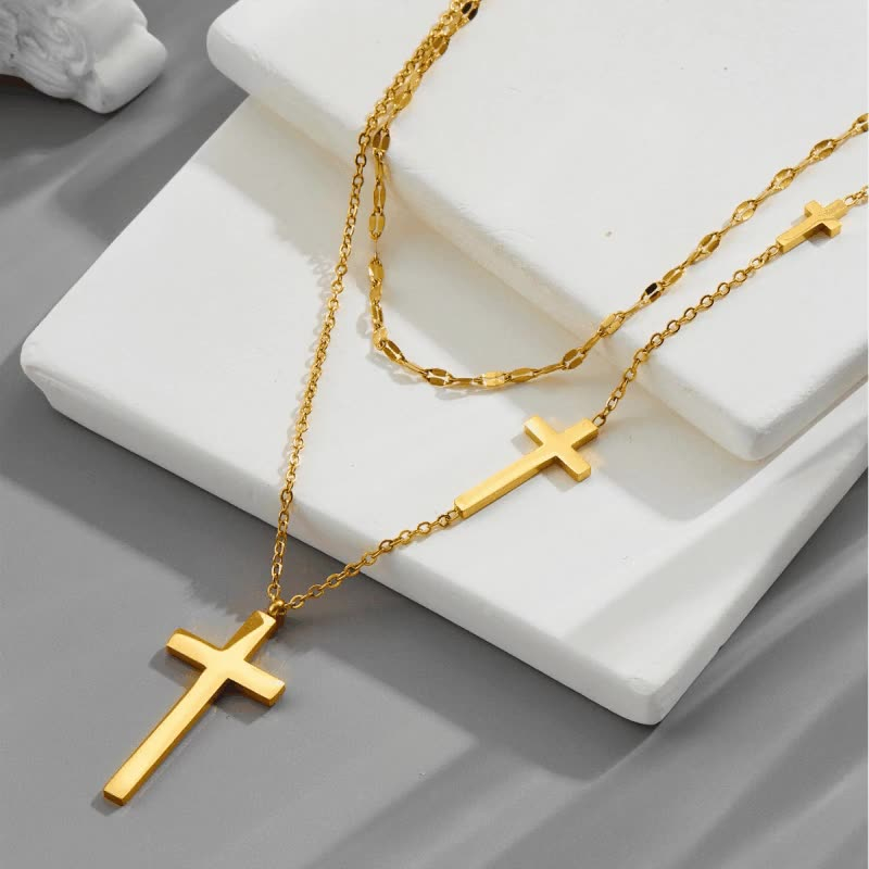 14K Gold Cross Pendant Mens, Double Layer Minimalist 14K Solid Gold Cross Necklace