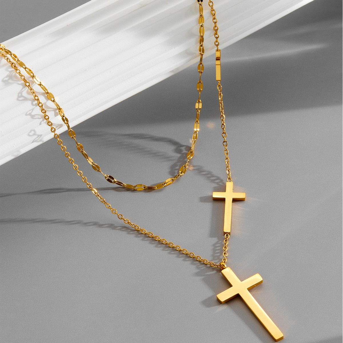 14K Gold Cross Pendant Mens, Double Layer Minimalist 14K Solid Gold Cross Necklace