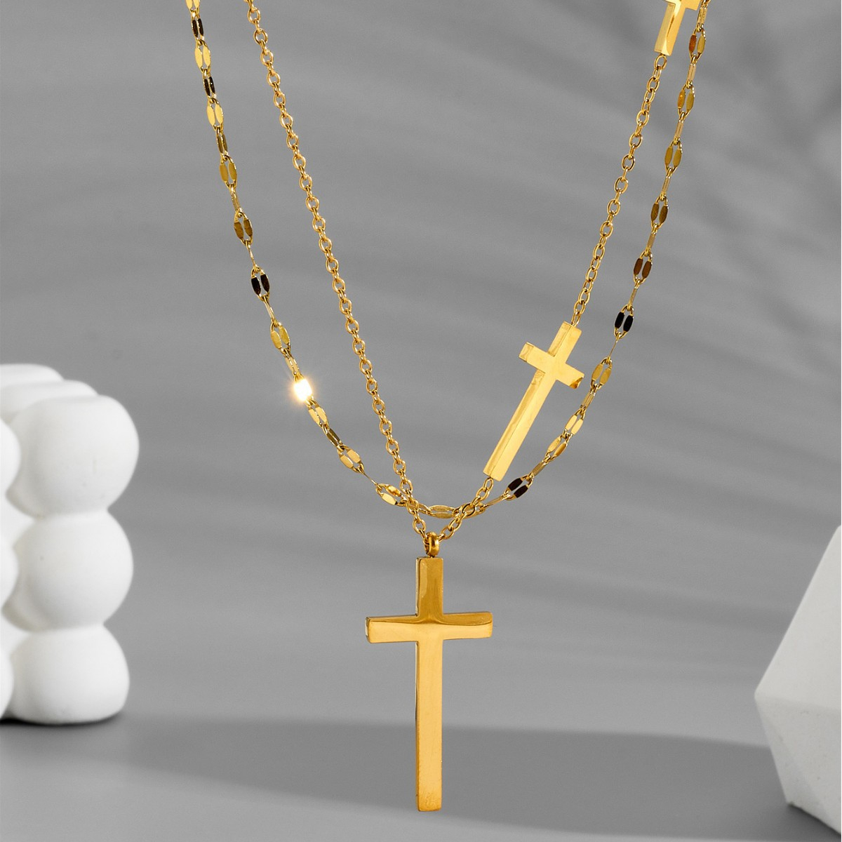 14K Gold Cross Pendant Mens, Double Layer Minimalist 14K Solid Gold Cross Necklace