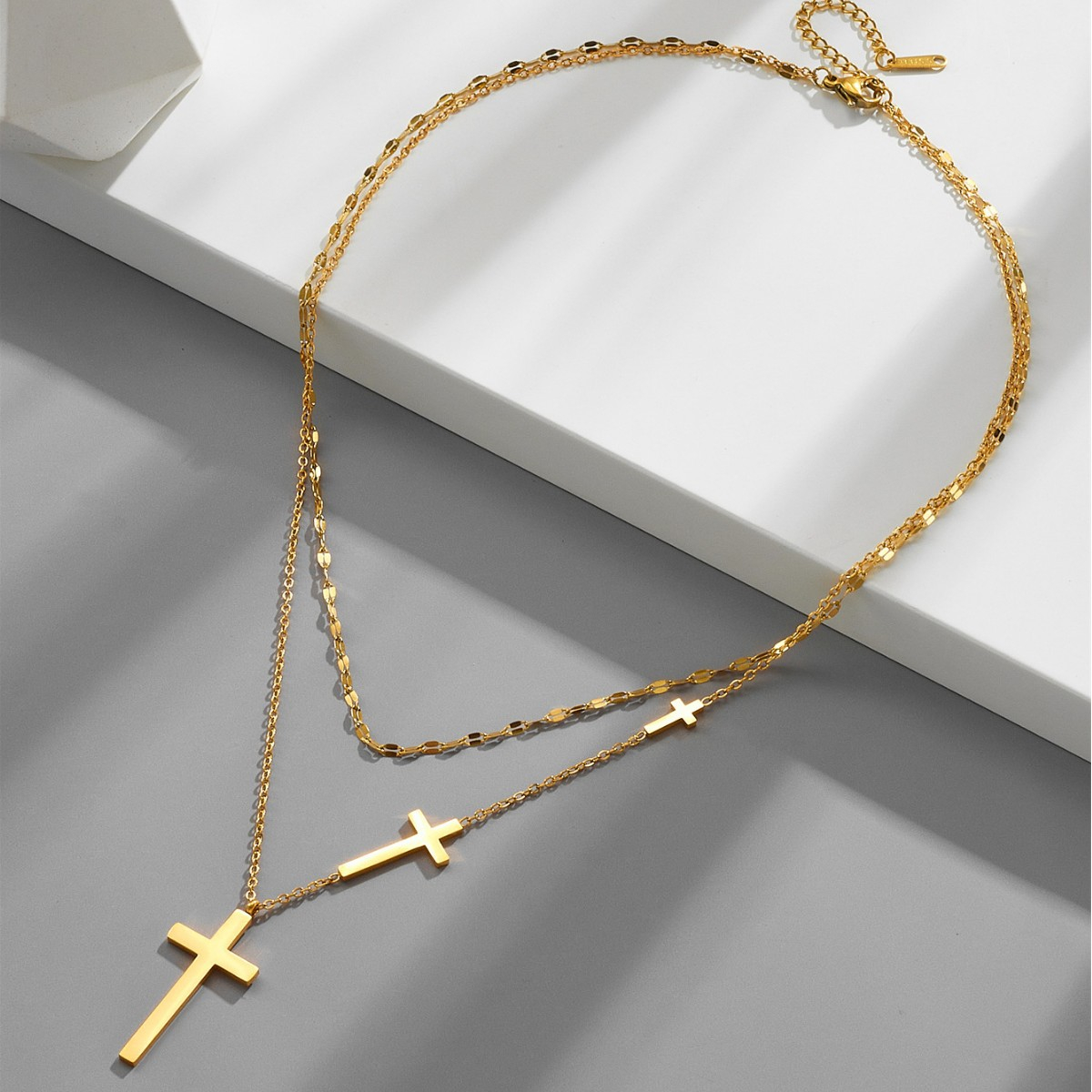 14K Gold Cross Pendant Mens, Double Layer Minimalist 14K Solid Gold Cross Necklace