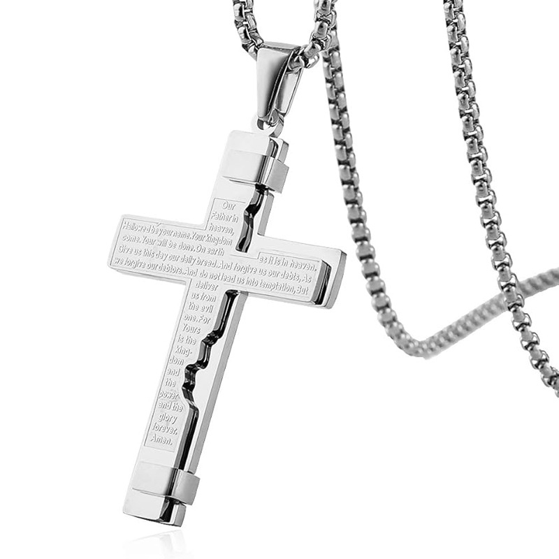 Men's Stainless Steel Cross Pendant with Our Father Prayer Engraving