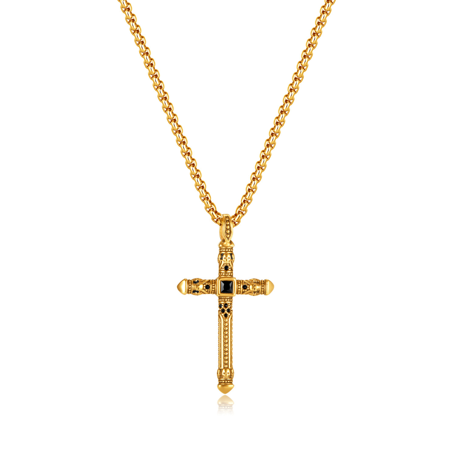 Men's Gold Cross Pendant Necklace with Black Stone - Gothic Vintage Style