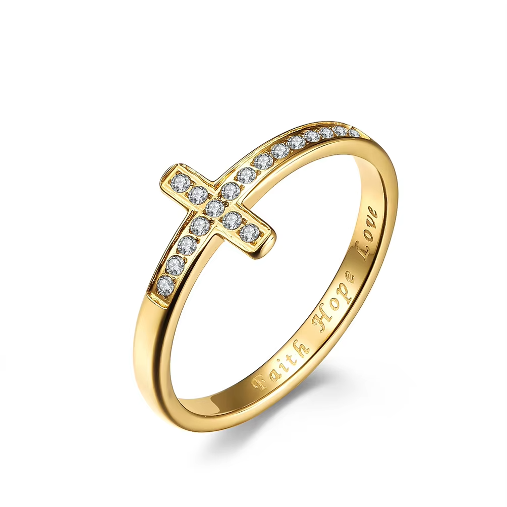18K Gold & Silver Zircon Cross Ring – Stainless Steel Wedding & Fashion Jewelry for Women & Men