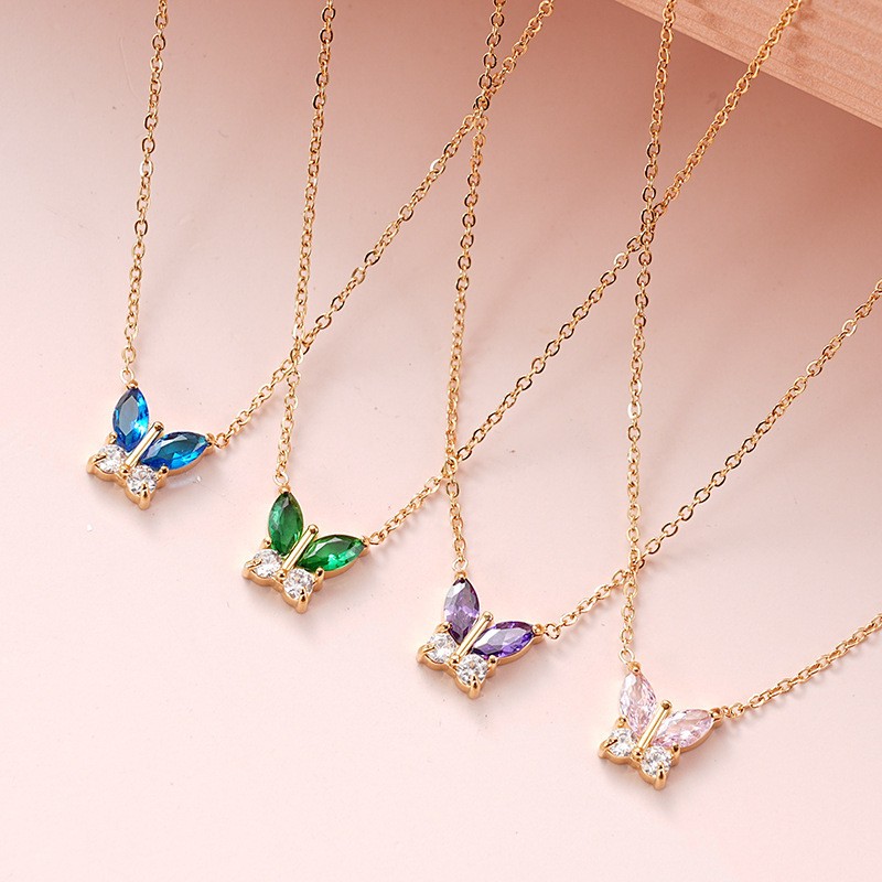18K Gold Color Vacuum Plated Colorful Zircon Butterfly Necklace for Women