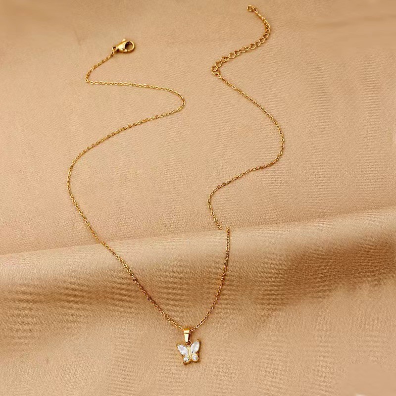 18K Gold Color Vacuum Plated Colorful Zircon Butterfly Necklace for Women