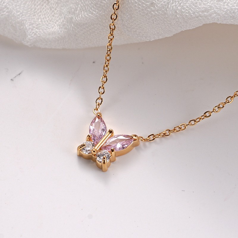 18K Gold Color Vacuum Plated Colorful Zircon Butterfly Necklace for Women