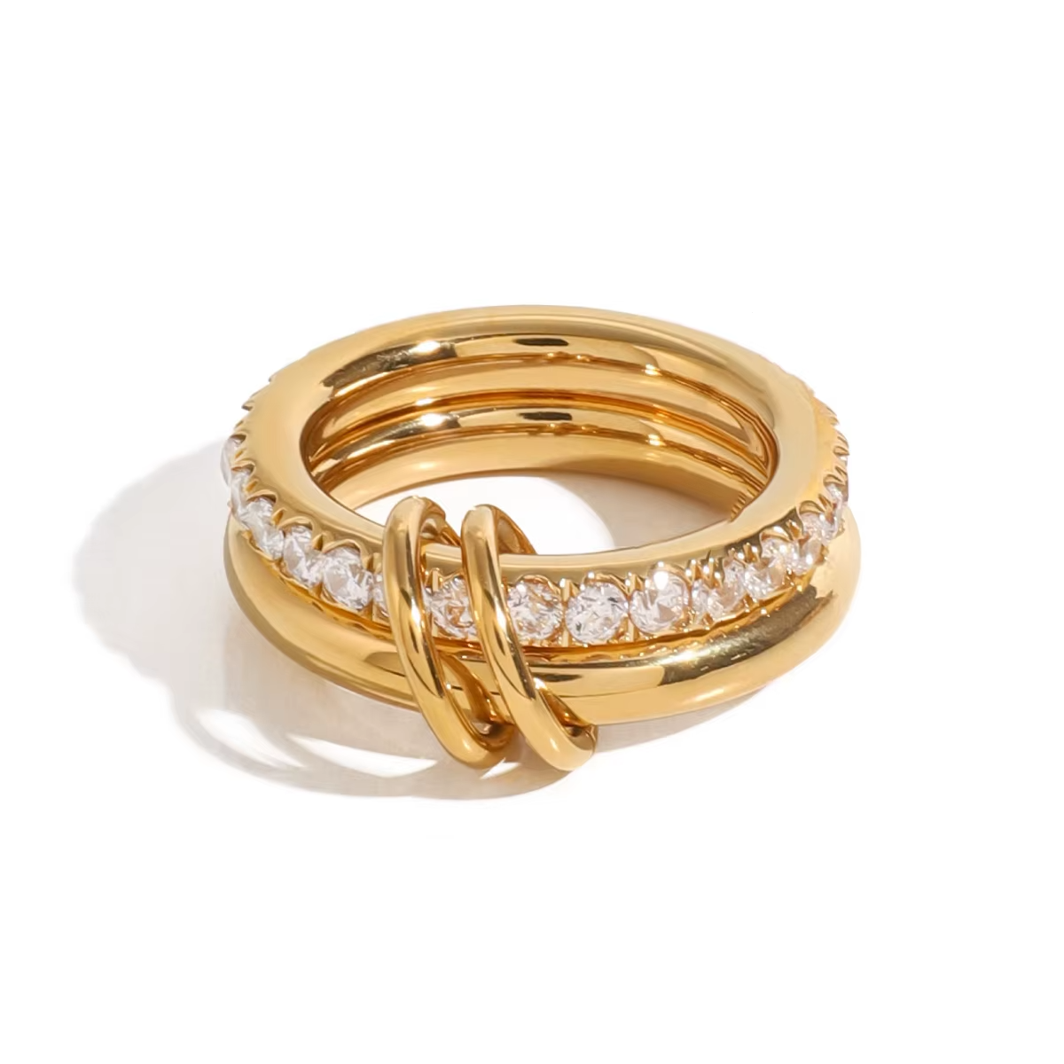 Trending 18K Gold Plated Stainless Steel Double Layer Ring – White Zircon Stackable Eternity Band for Women
