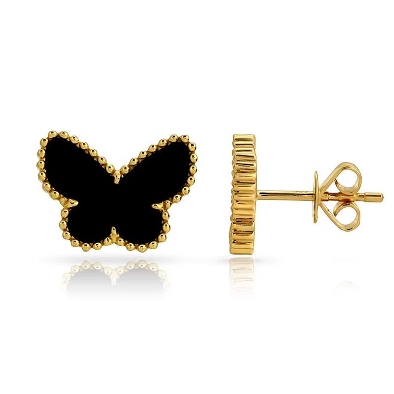 18K Gold Plated Dainty Brass Stud Earrings with Onyx Stone Butterfly Bezel Setting Trendy Style for Gift