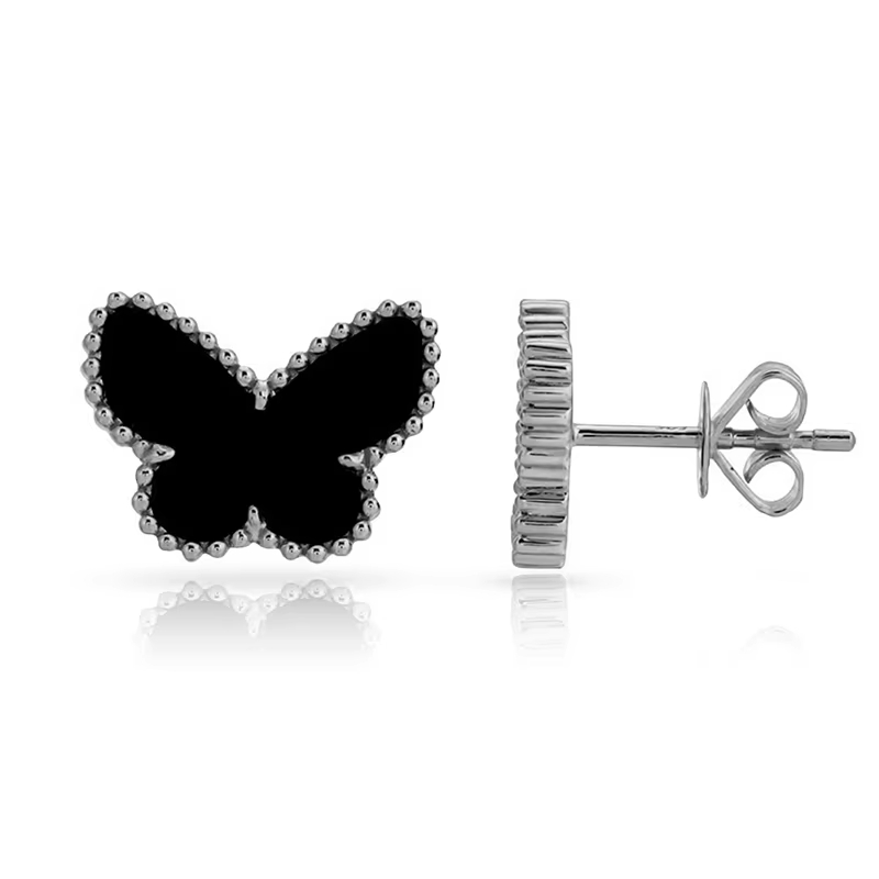 18K Gold Plated Dainty Brass Stud Earrings with Onyx Stone Butterfly Bezel Setting Trendy Style for Gift