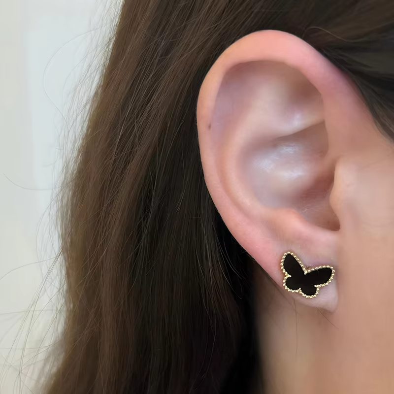 18K Gold Plated Dainty Brass Stud Earrings with Onyx Stone Butterfly Bezel Setting Trendy Style for Gift