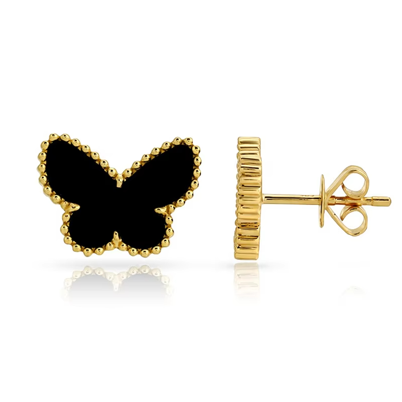 18K Gold Plated Dainty Brass Stud Earrings with Onyx Stone Butterfly Bezel Setting Trendy Style for Gift