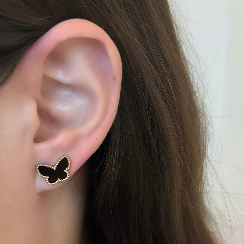 18K Gold Plated Dainty Brass Stud Earrings with Onyx Stone Butterfly Bezel Setting Trendy Style for Gift