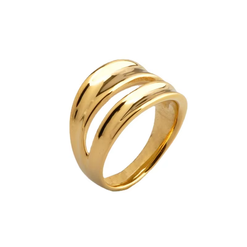 18K Gold Plated Double Arc Finger Ring – High Polish Stainless Steel Jewelry for Party & Daily Wear