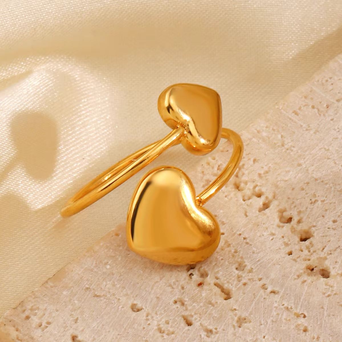 18K Gold Plated Double Heart Adjustable Ring – Waterproof Stainless Steel Jewelry for Women & Girls