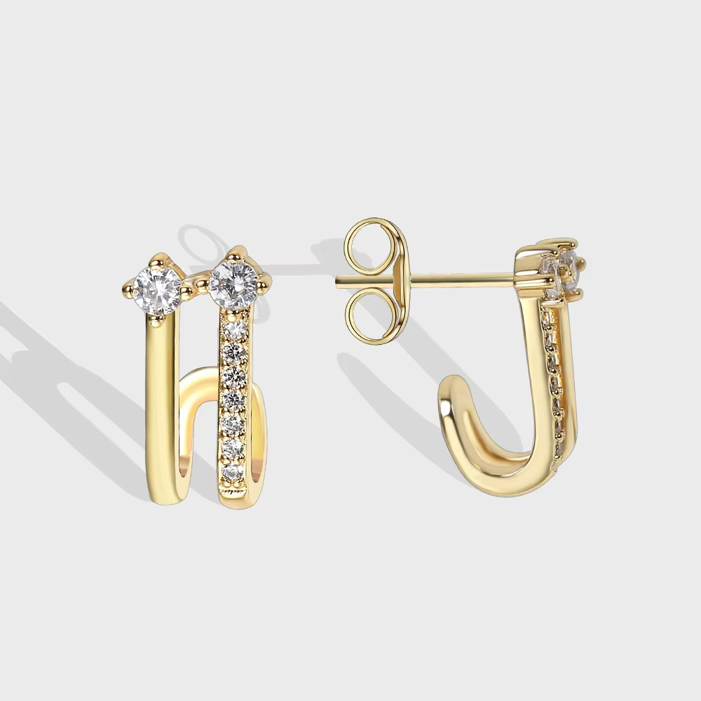 18K Gold Plated Double Layer Earrings for Women New Trendy Fashion Colored Zircon Piercing Jewelry Silver Needle for Weddings