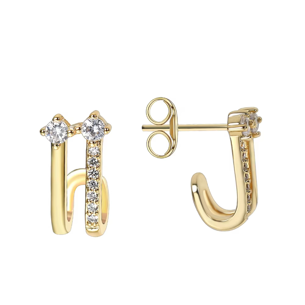 18K Gold Plated Double Layer Earrings for Women New Trendy Fashion Colored Zircon Piercing Jewelry Silver Needle for Weddings