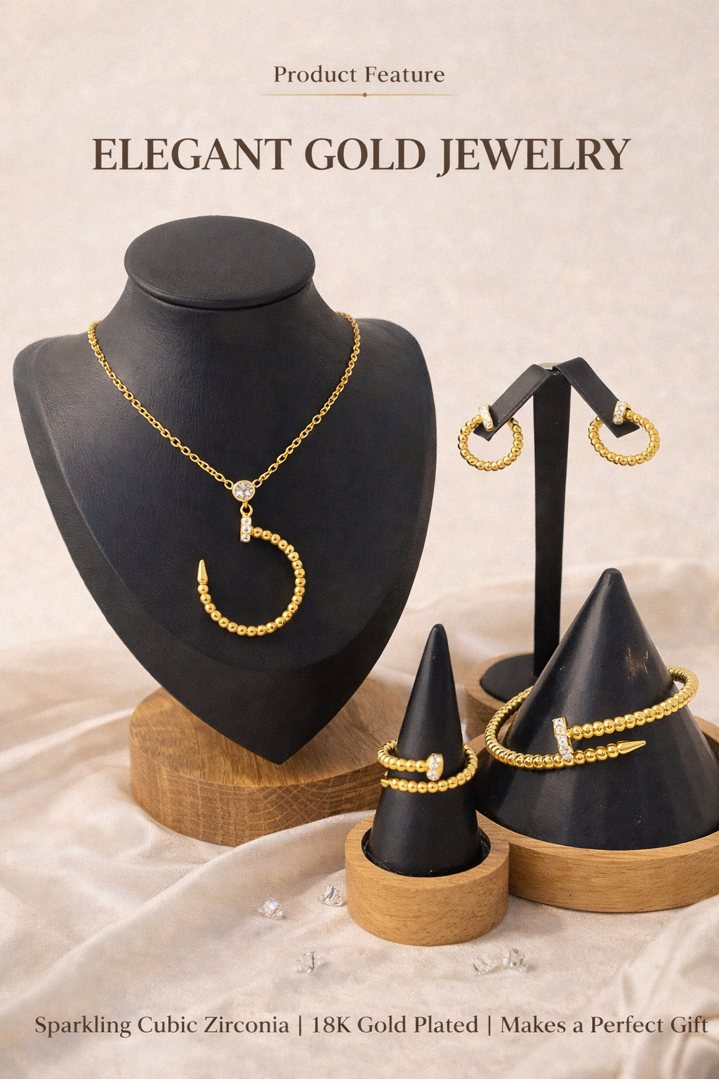 Stainless Steel Jewelry Sets Gold Plated Necklace Earrings Rings Bracelet Set with CZ Elegant Women Gift