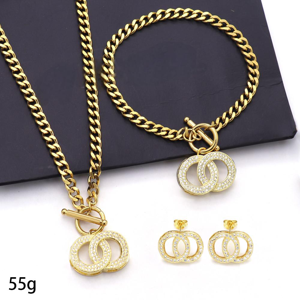 18K Gold Plated Letter Zircon Pendant Set, Gold or Silver stainless steel Necklace Bracelet Earrings jewelry sets