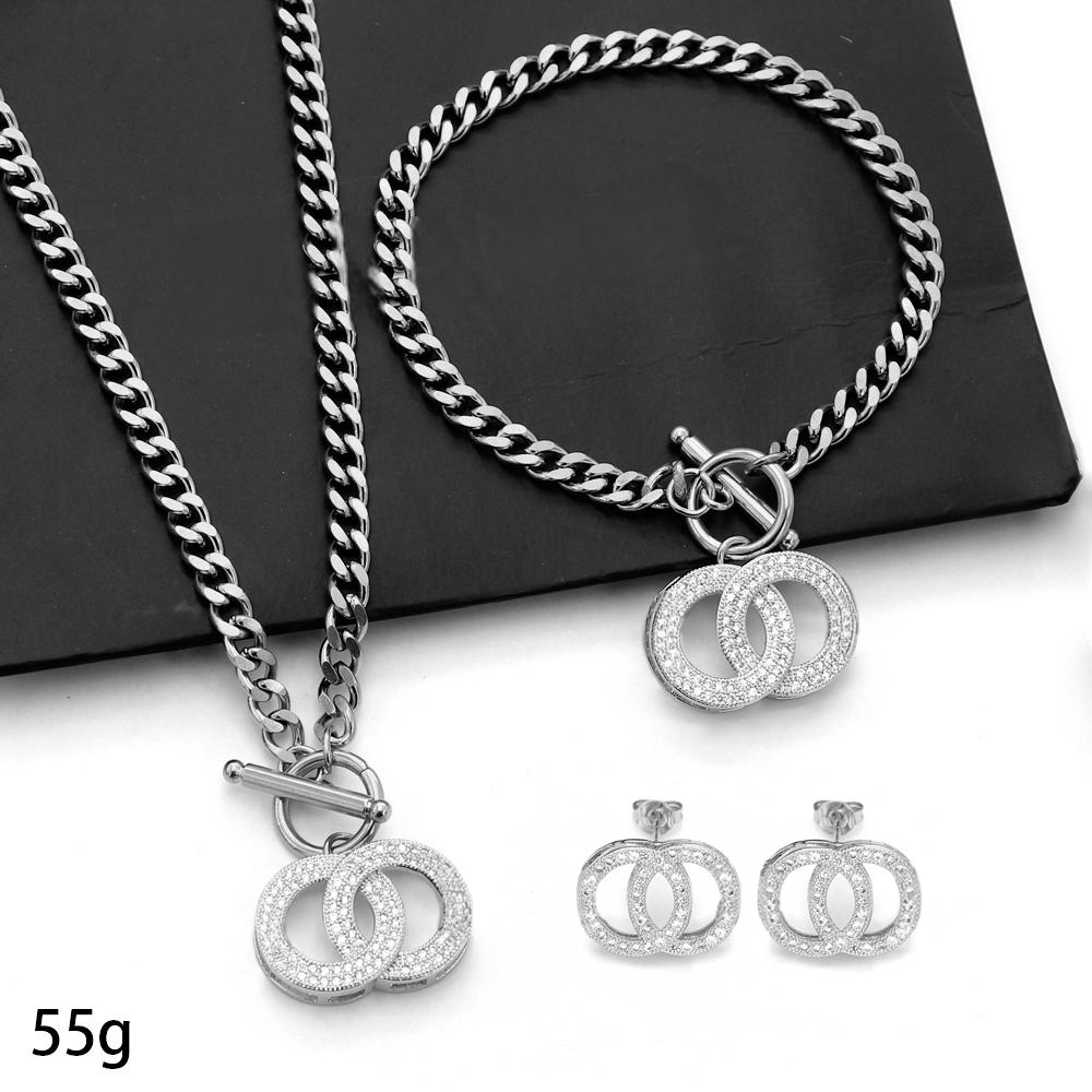 18K Gold Plated Letter Zircon Pendant Set, Gold or Silver stainless steel Necklace Bracelet Earrings jewelry sets