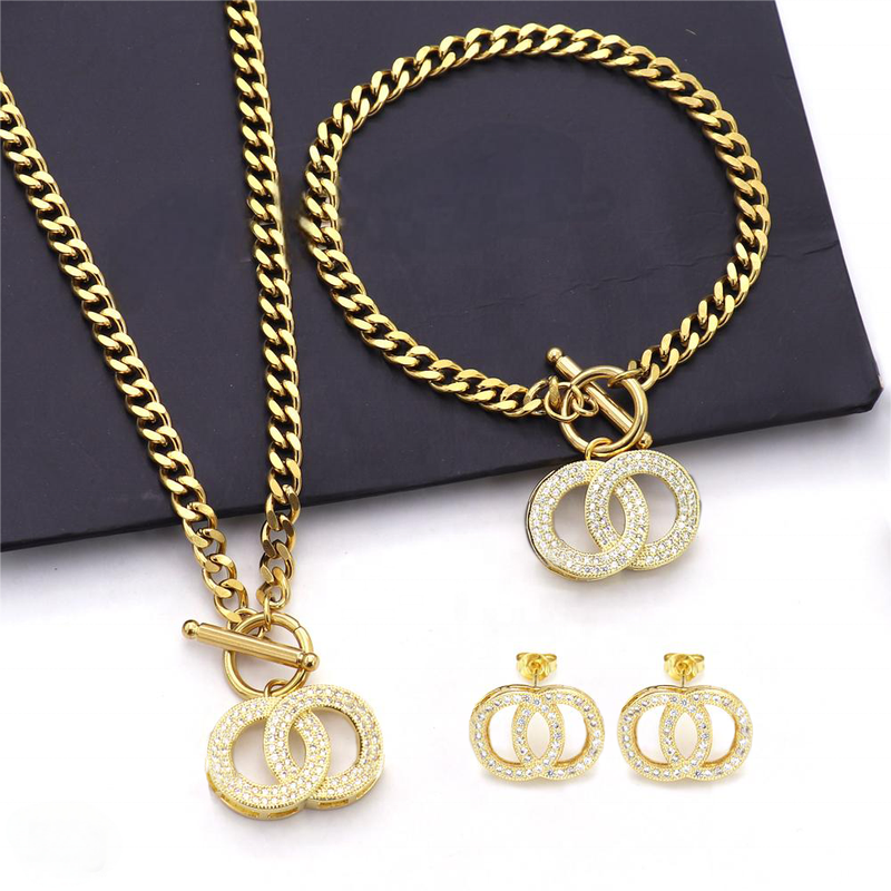 18K Gold Plated Letter Zircon Pendant Set, Gold or Silver stainless steel Necklace Bracelet Earrings jewelry sets