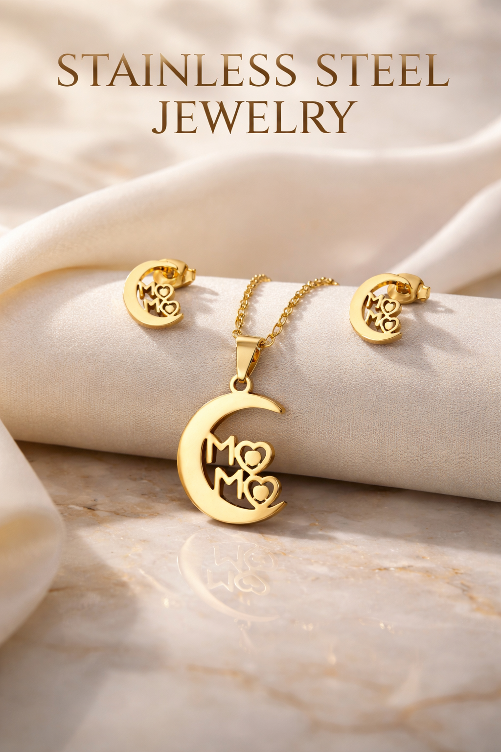 18K Gold Plated Mom Moon Necklace and Stud Earrings Jewelry Sets, Stainless Steel Jewelry for Women Wholesale